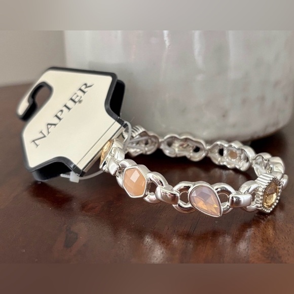 Napier Jewelry - Napier Silvertone Stretch,hexagon,teardrop acrylic stones,topaz,peach,light pink